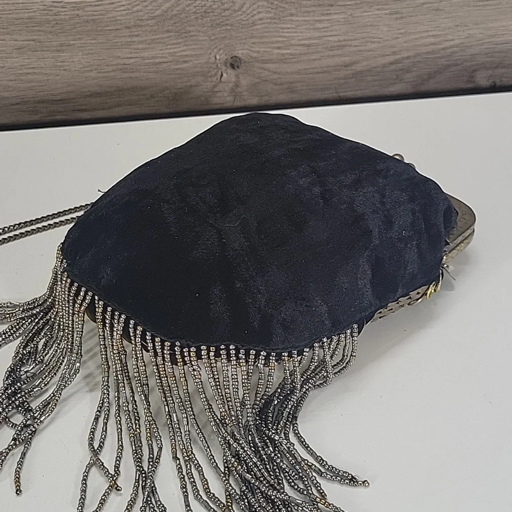 Free People Beaded Fringe Frame KIsslock Crossbody Shoulder Bag Purse Clutch